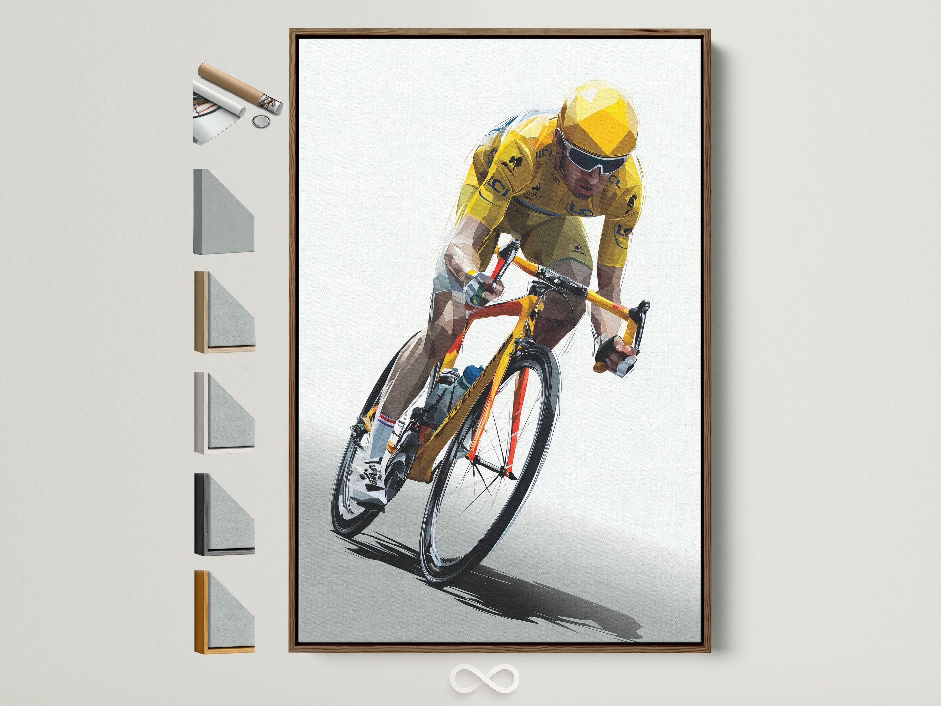 Artwork featuring a cyclist in a dynamic pose is framed in a natural brown wood. The print is displayed on a wall. Frame options are showcased. Discover framing choices for your art. Enhance your space with framed art prints.  Explore various frame styles to match your decor.