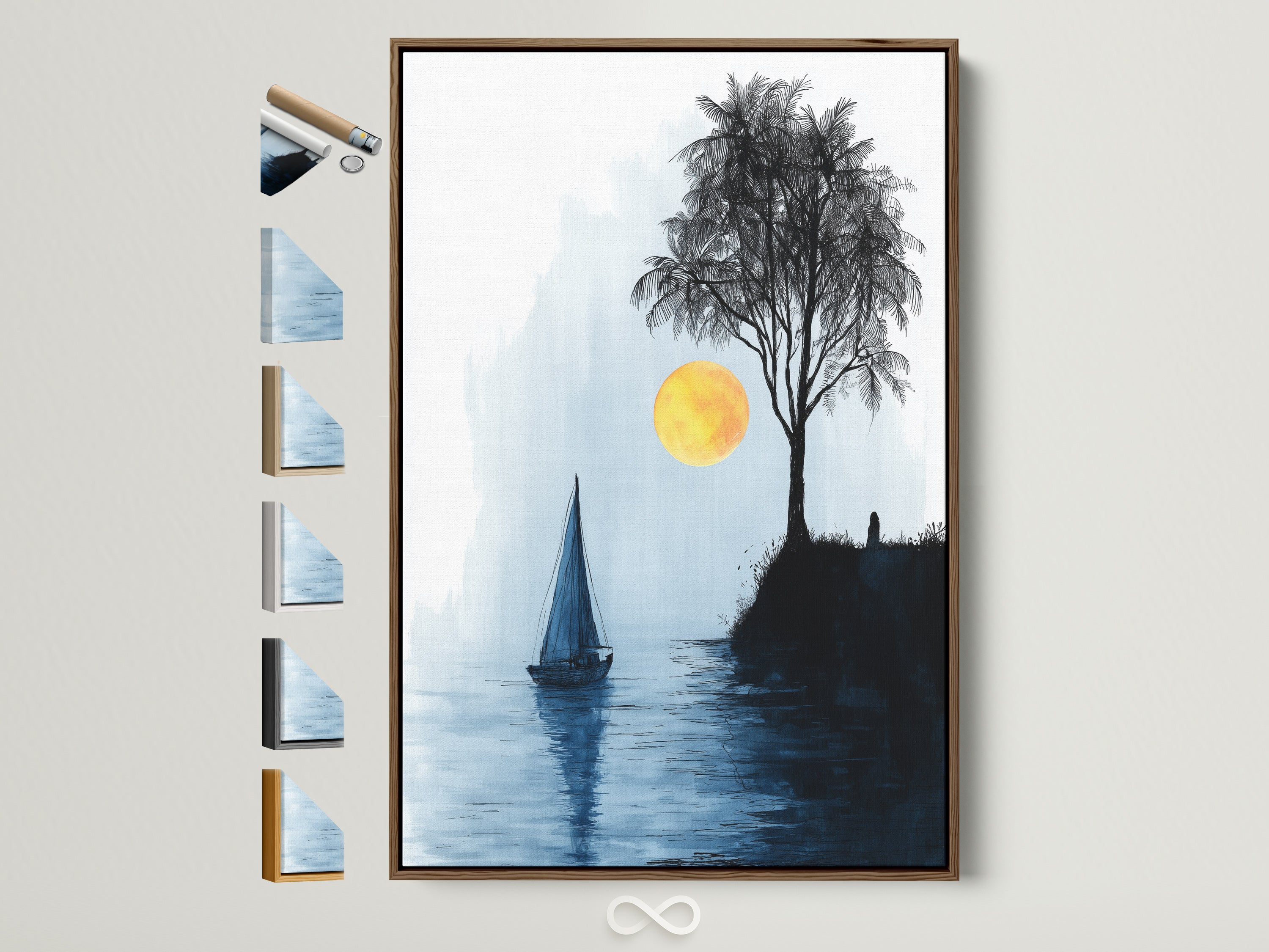 Coastal wall art featuring a sailboat and tree at sunset is displayed in a brown frame. Multiple frame options are showcased. Perfect minimalist seascape artwork for office decor or nautical themed rooms. The blue and yellow tones evoke a serene and calming atmosphere. A great addition to any coastal themed space. Discover our range of framed art prints today.