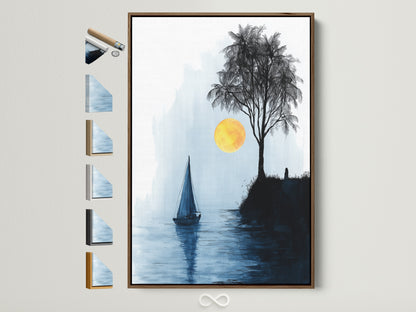 Coastal wall art featuring a sailboat and tree at sunset is displayed in a brown frame. Multiple frame options are showcased. Perfect minimalist seascape artwork for office decor or nautical themed rooms. The blue and yellow tones evoke a serene and calming atmosphere. A great addition to any coastal themed space. Discover our range of framed art prints today.