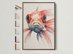 A captivating fish artwork is encased in a brown frame. The frame showcases all available options. This highlights the artwork's versatility. It is suitable for various interior styles. Explore our framing choices to enhance your space with unique art.
