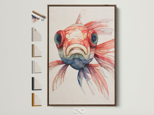 A captivating fish artwork is encased in a brown frame. The frame showcases all available options. This highlights the artwork's versatility. It is suitable for various interior styles. Explore our framing choices to enhance your space with unique art.