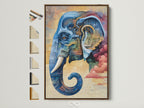 Framed steampunk elephant canvas print hangs on a white wall. The artwork features a mechanical animal with blue and pink hues. Frame options are displayed on the side. Perfect wall decor for industrial style lovers and art collectors.