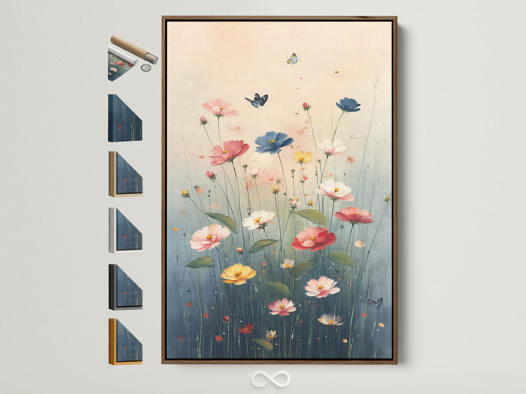 Floral Meadow artwork with a brown frame on a white wall. The art features pink blue and yellow wildflowers. A butterfly flutters above the meadow. Frame options are displayed on the side. This botanical art is perfect for adding a touch of nature to your space. Consider it for your bedroom or living room.