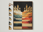 Brown frame showcases chess art. The artwork features abstract teal and orange hues. Frame options displayed offer choices for personalizing game room art. Perfect for modern wall decor.