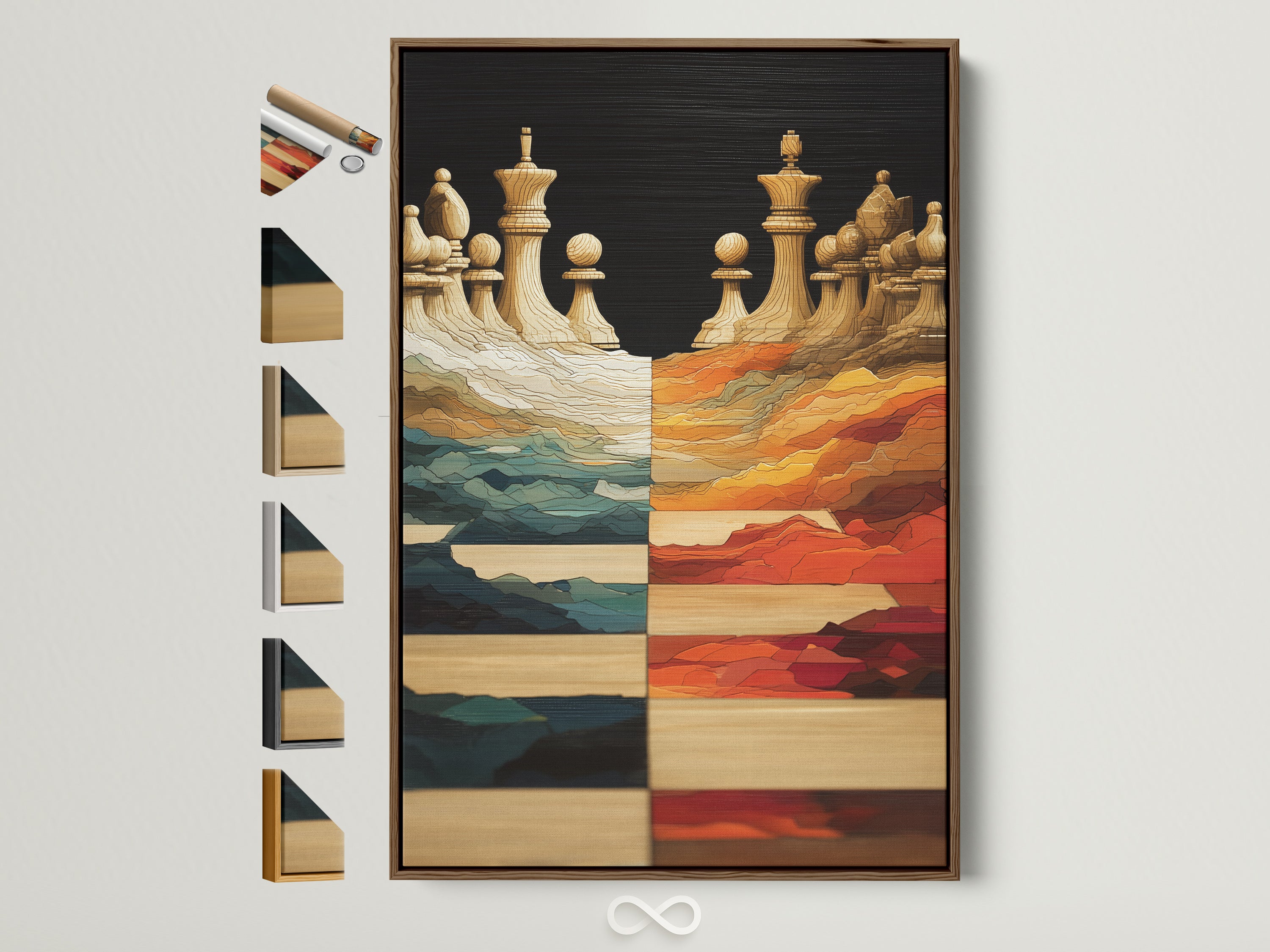 Brown frame showcases chess art. The artwork features abstract teal and orange hues. Frame options displayed offer choices for personalizing game room art. Perfect for modern wall decor.