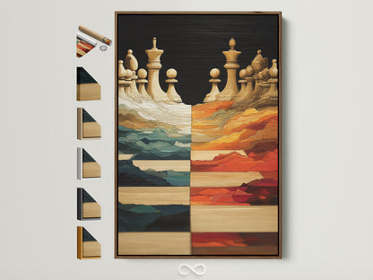 Brown frame showcases chess art. The artwork features abstract teal and orange hues. Frame options displayed offer choices for personalizing game room art. Perfect for modern wall decor.