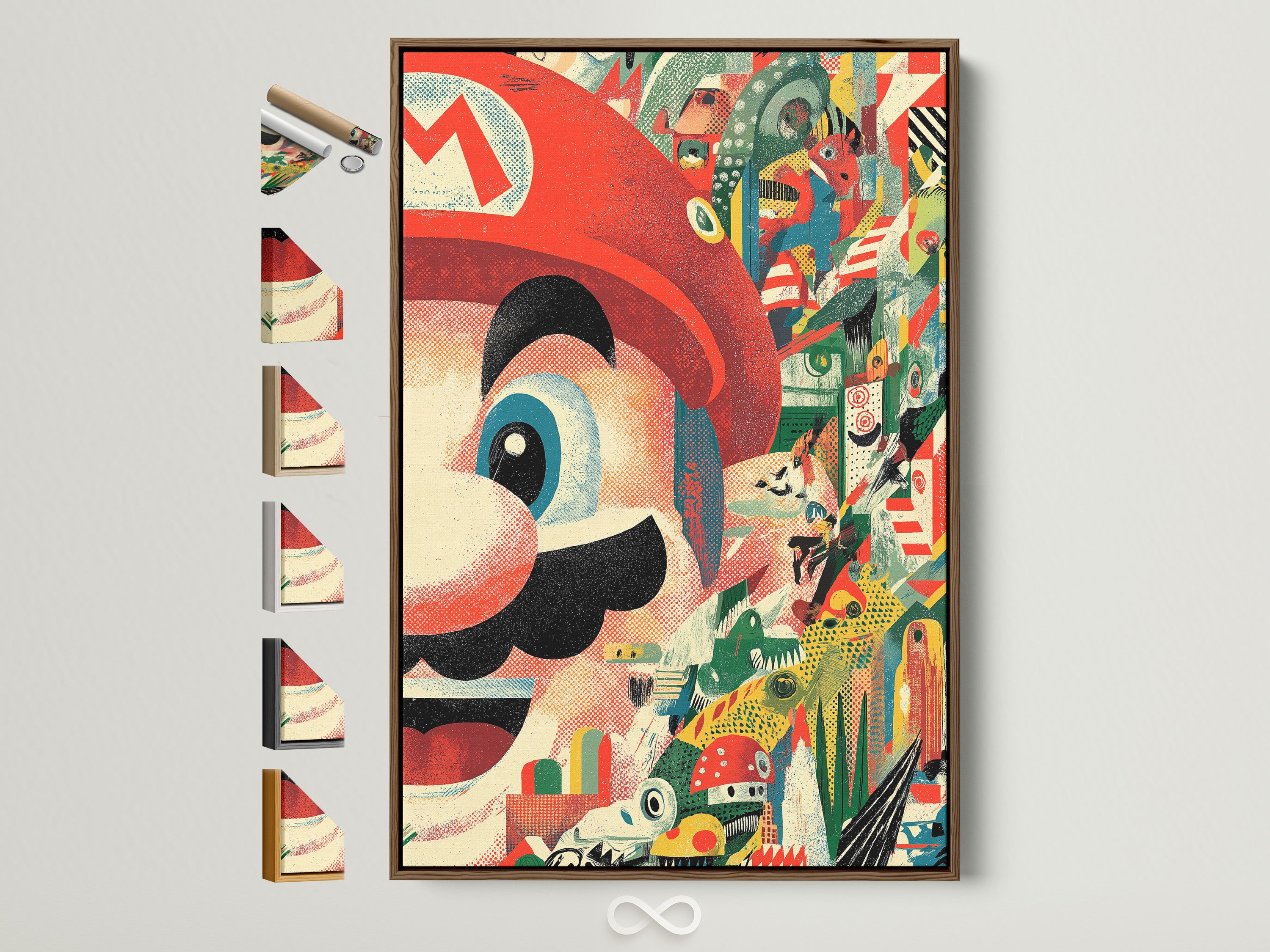 Explore a variety of frame options for your Mario collage art print. This retro gaming wall art features a brown frame. See all frame choices available to perfectly match your Nintendo canvas print to your game room decor.