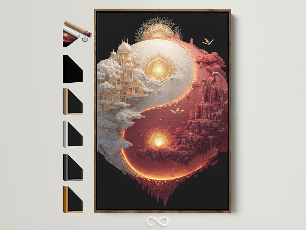 Framed Yin and Yang artwork in a brown frame. This art piece features celestial castles. One side is a white castle in the clouds. The other is a red castle with fiery lava. All frame options are displayed on the side.