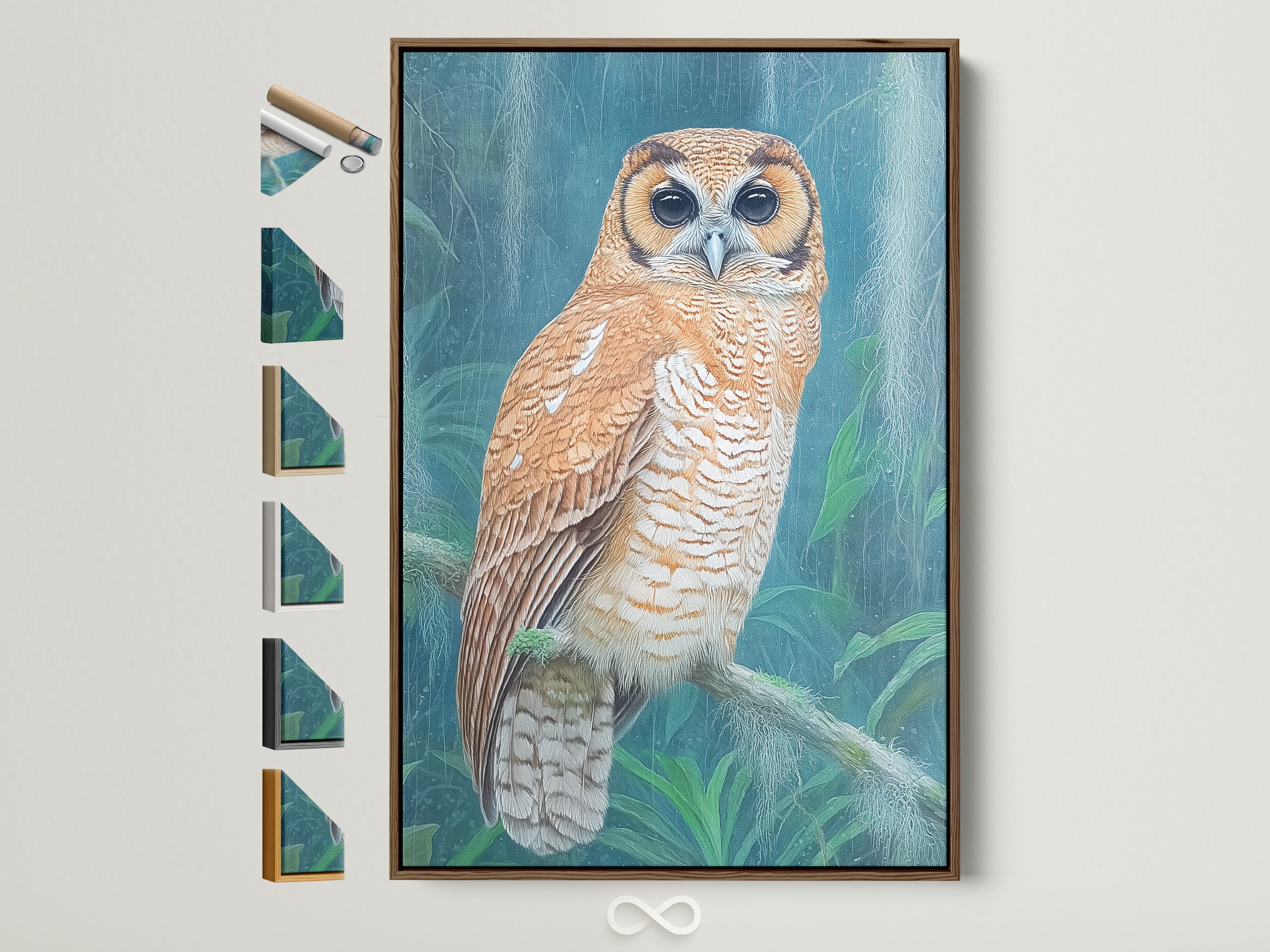 A brown frame displays a captivating owl artwork. Various frame options are presented on the side. Perfect for bird lovers and nature enthusiasts. This artwork brings the tranquility of wildlife into your home. It enhances any room with a touch of natural beauty.