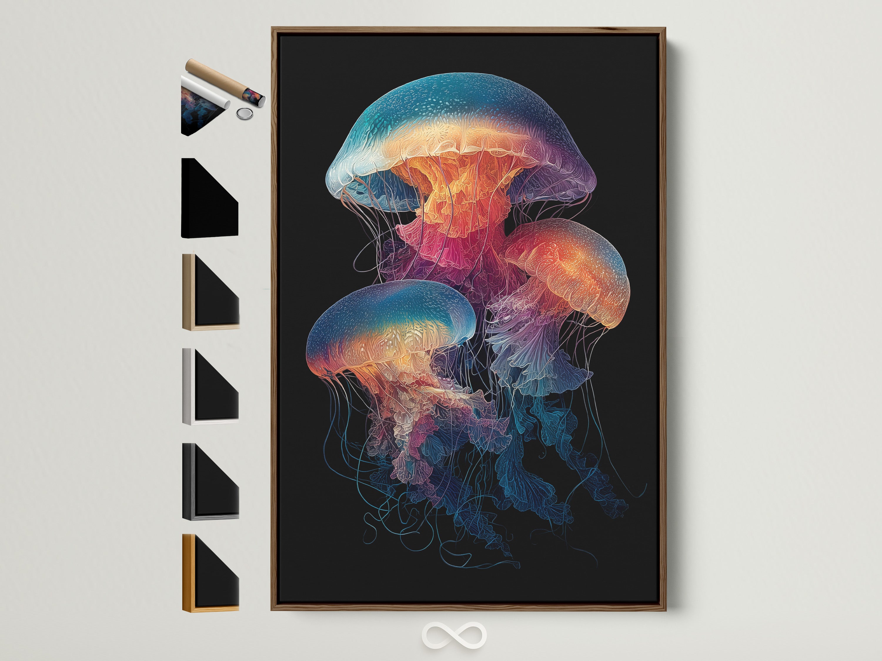 A vibrant jellyfish artwork is displayed in a brown frame. See all frame options available for this ocean wall art. Perfect coastal decor for minimalist Scandinavian or eclectic styles. This marine life print adds color to any room. A great choice for bathroom living room or office decor.