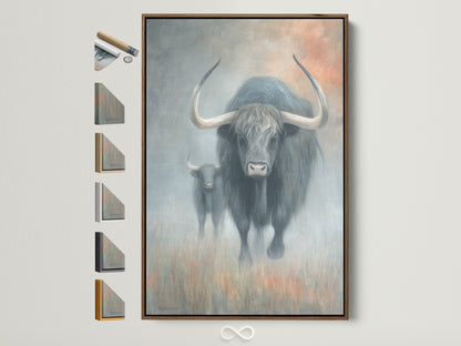 Yak Canvas Print with a brown frame. The artwork features a highland cattle wall art. Perfect for rustic farmhouse artwork. This piece enhances cabin wall decor. Frame options displayed.