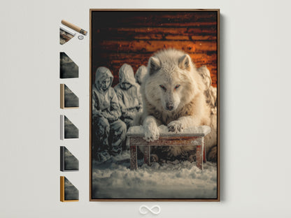 The artwork depicts a white wolf sitting on a snow-covered bench with hooded figures in the background. It is framed in a brown frame. Multiple frame options are displayed on the side. This animal wall art adds a rustic winter touch to any room.
