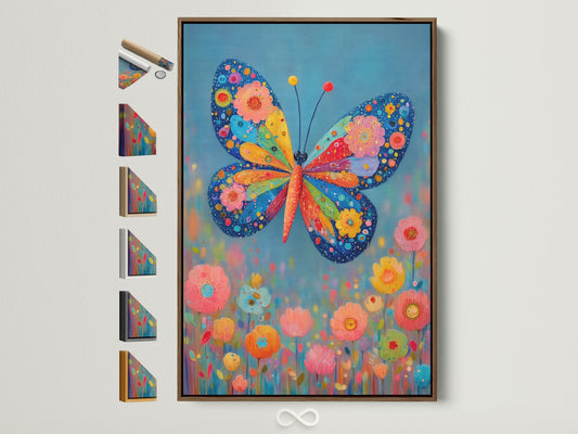 A vibrant butterfly artwork hangs on a white wall. It features colorful floral accents and a whimsical insect theme. The artwork is framed in a light brown frame. This piece would be ideal for a kids' room or playroom adding a touch of bohemian style and eclectic charm.
