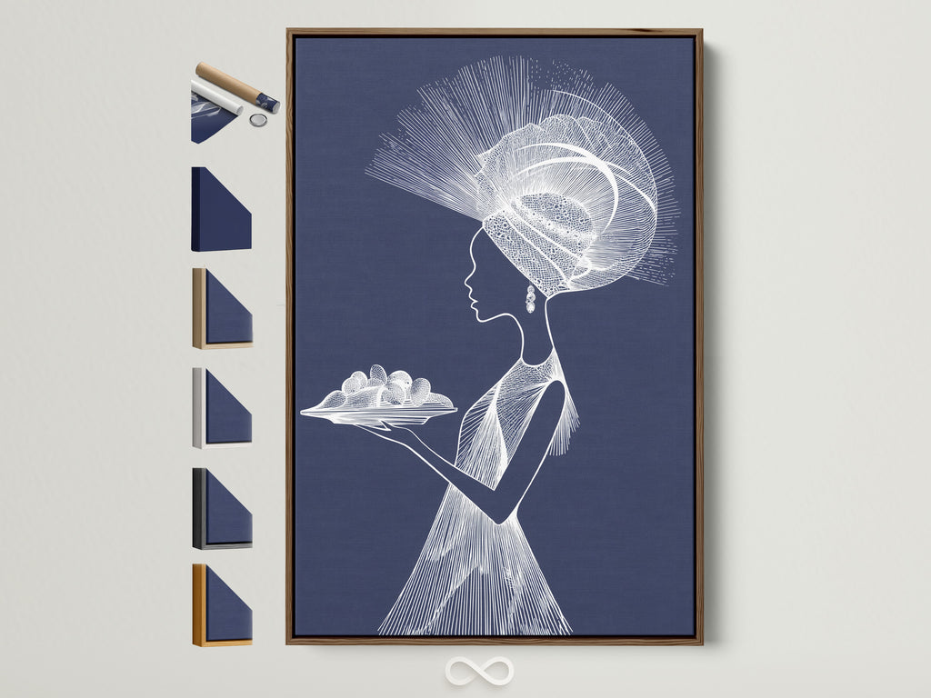 A brown frame displays elegant artwork. This piece showcases a woman in profile with a lavish headdress. Various frame options are presented alongside this framed artwork. Perfect for adding sophistication to any room. A beautiful art piece and framing combination.