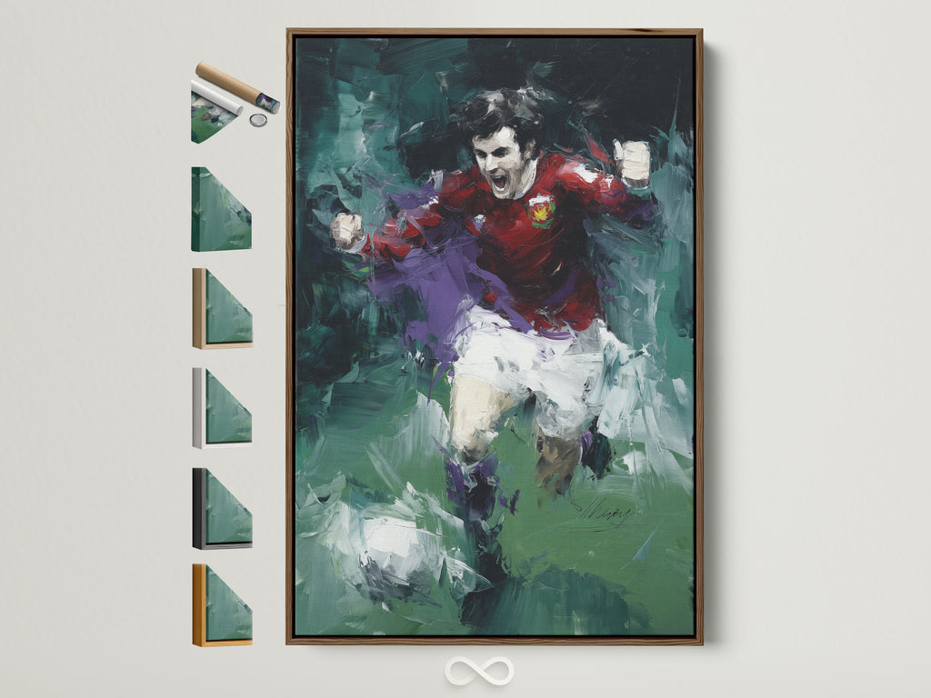 A soccer player canvas art piece with an abstract sports theme is displayed in a brown frame. All frame options are shown on the side. The artwork is a dynamic action painting. Perfect for adding a touch of sports decor to any man cave.