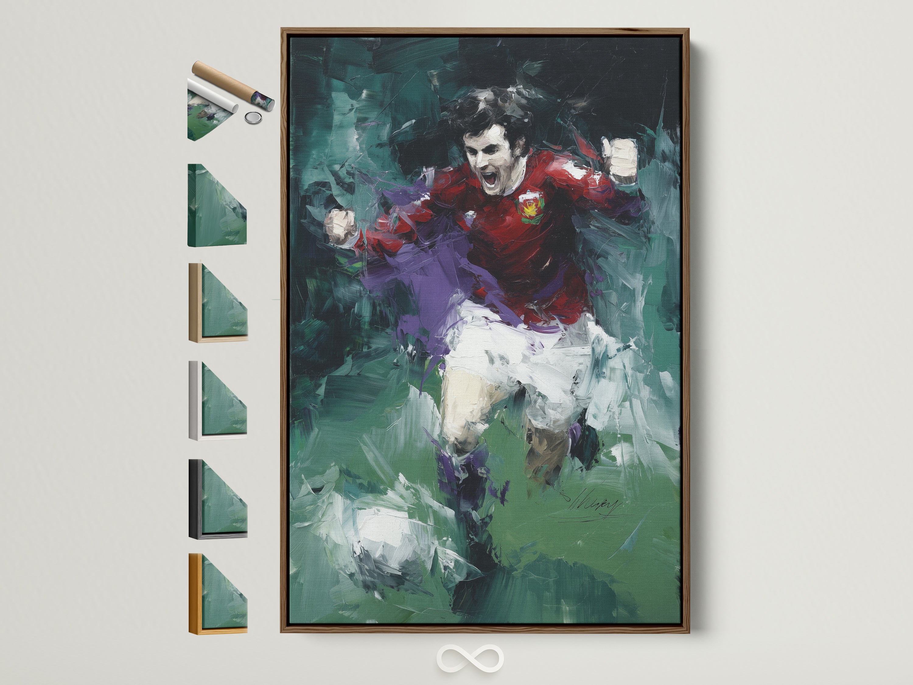 A soccer player canvas art piece with an abstract sports theme is displayed in a brown frame. All frame options are shown on the side. The artwork is a dynamic action painting. Perfect for adding a touch of sports decor to any man cave.