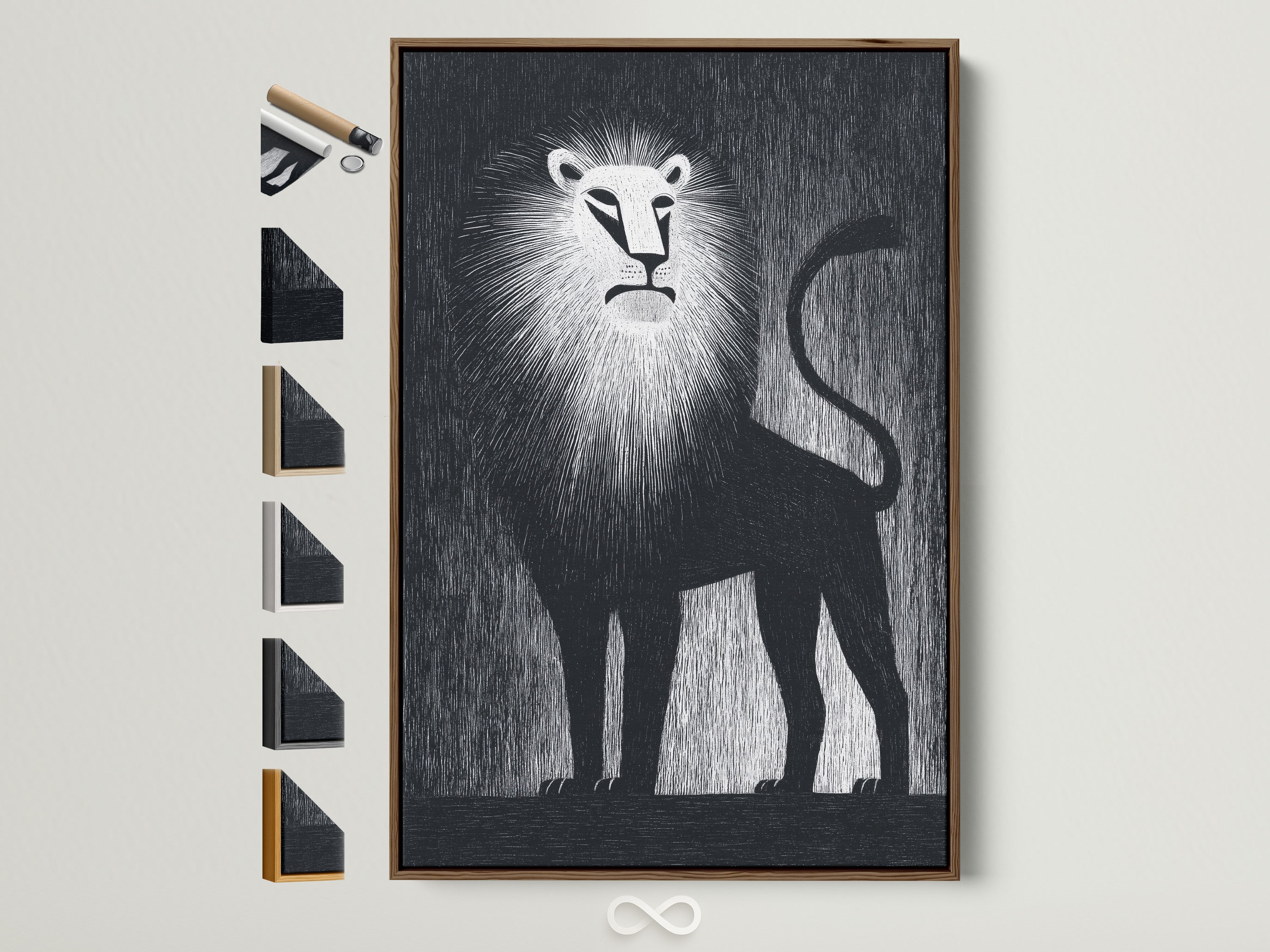 A captivating lion artwork is displayed in a brown frame. The frame is hung on a neutral wall. Various frame options are showcased on the side allowing for customization. Elevate your space with framed art prints.