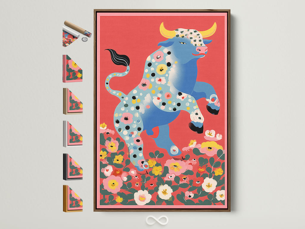 Floral Bull artwork in a brown frame. Frame options are displayed on the side. This retro animal wall art adds farmhouse charm to any entryway. The colorful artwork features a bull with floral accents. It is perfect for art collectors and homeowners.