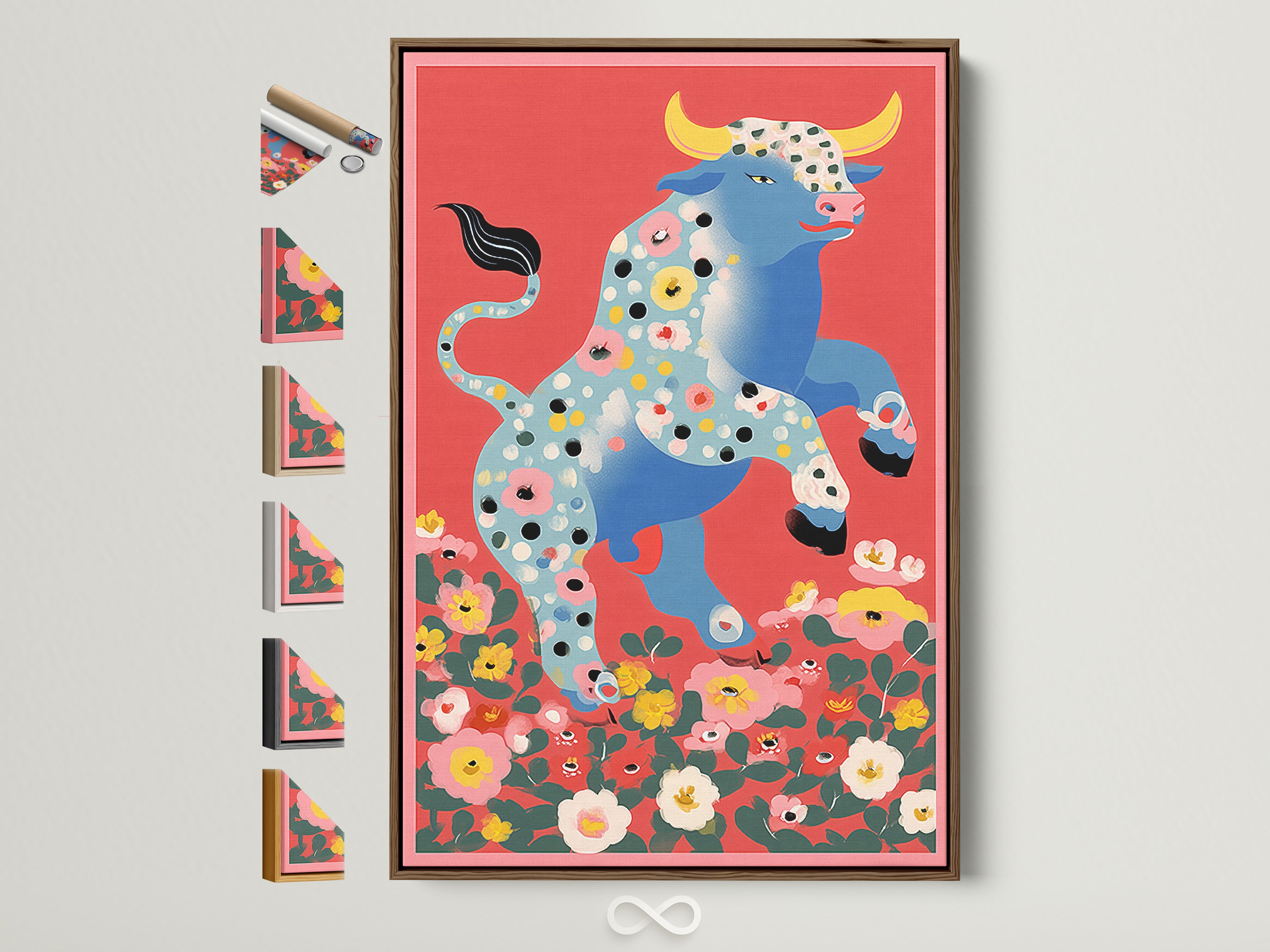 Floral Bull artwork in a brown frame. Frame options are displayed on the side. This retro animal wall art adds farmhouse charm to any entryway. The colorful artwork features a bull with floral accents. It is perfect for art collectors and homeowners.
