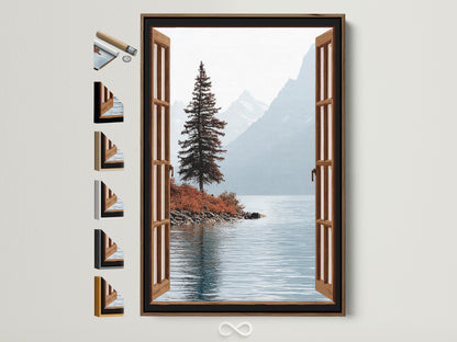 Mountain Lake canvas print in a brown frame. The artwork shows a serene lake view with mountains in the background. This open window wall art brings nature indoors. Frame options are displayed on the side.