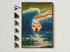 Explore framed Ocean Wave Art. This Biblical Moses Parting Sea canvas wall art features a brown frame. See all frame options available. Add religious coastal decor to your office wall. This artwork fits minimalist Scandinavian or eclectic styles. Perfect for any room. This is great living room wall art.