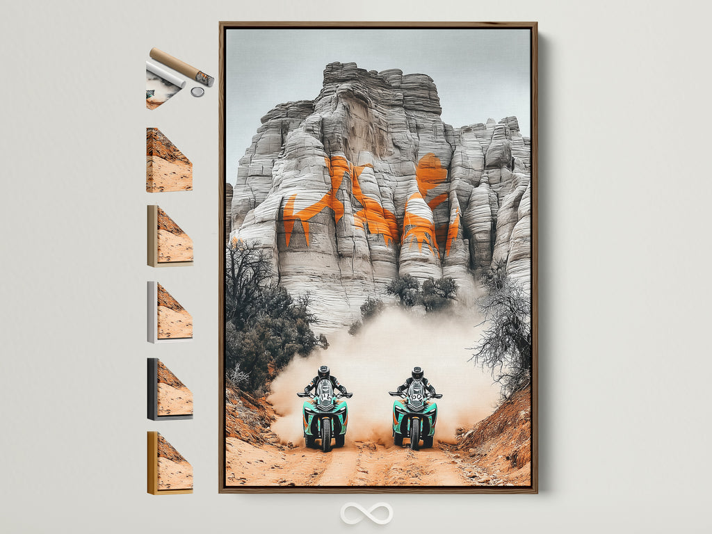 Elevate your space with desert adventure art. This sports canvas print features motorcycle racing wall art. The artwork is displayed in a brown frame with various frame options visible. Perfect man cave decor for homeowners and sports fans seeking industrial or rustic styles. Add adventure wall art to your garage or sports bar.