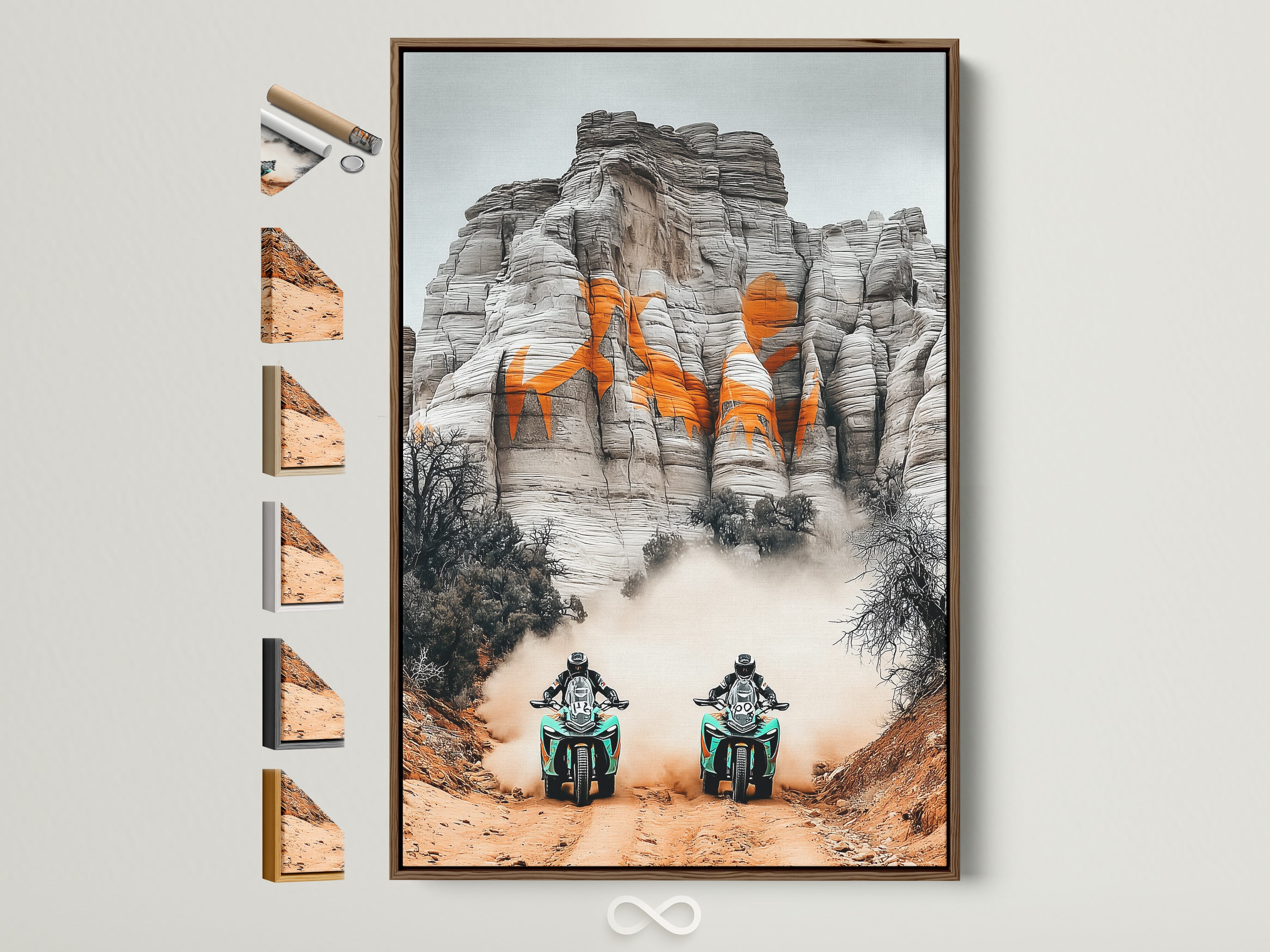 Elevate your space with desert adventure art. This sports canvas print features motorcycle racing wall art. The artwork is displayed in a brown frame with various frame options visible. Perfect man cave decor for homeowners and sports fans seeking industrial or rustic styles. Add adventure wall art to your garage or sports bar.