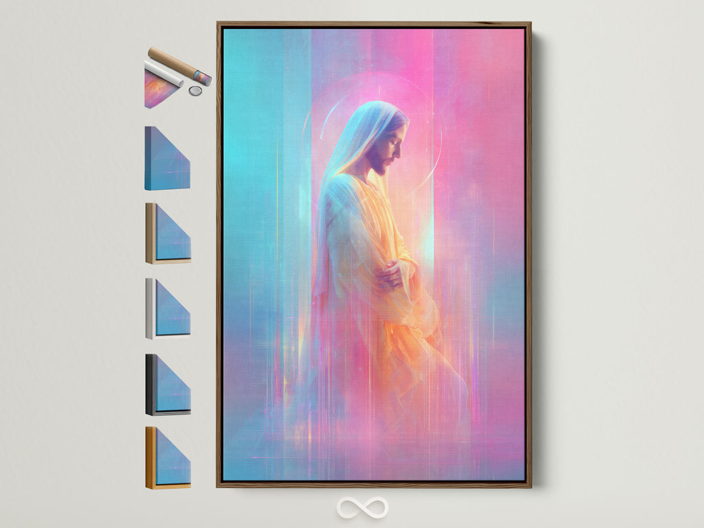 A captivating artwork is displayed in a brown frame. All frame options are visible on the side. This allows customers to visualize different framing styles. It helps them choose the perfect complement to the artwork and their home decor.