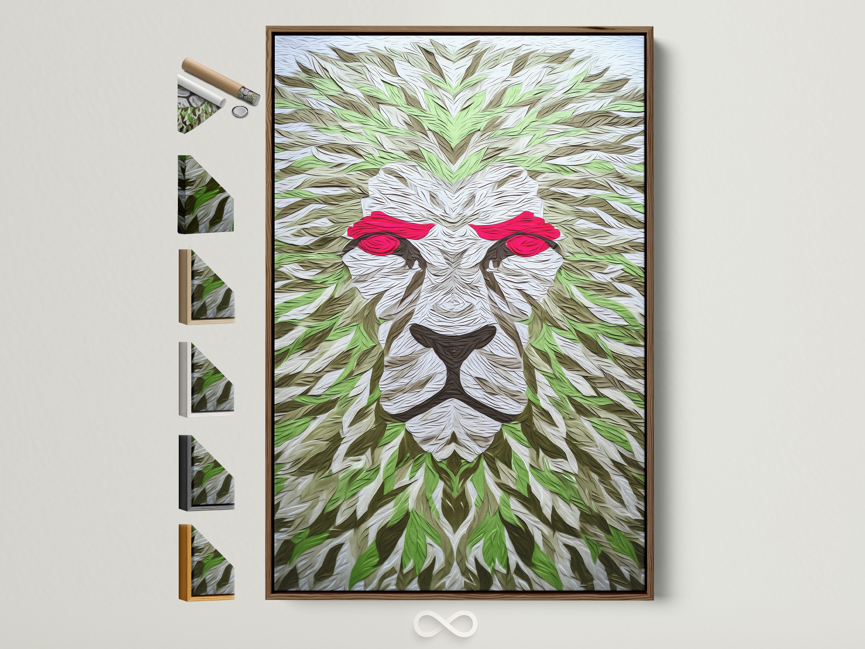 Explore framing options with this brown frame. See how different frame styles can enhance artwork. Multiple frame choices are displayed. Find the perfect frame to complement your art. Each frame offers a unique aesthetic appeal. Discover framing solutions for any art style. 