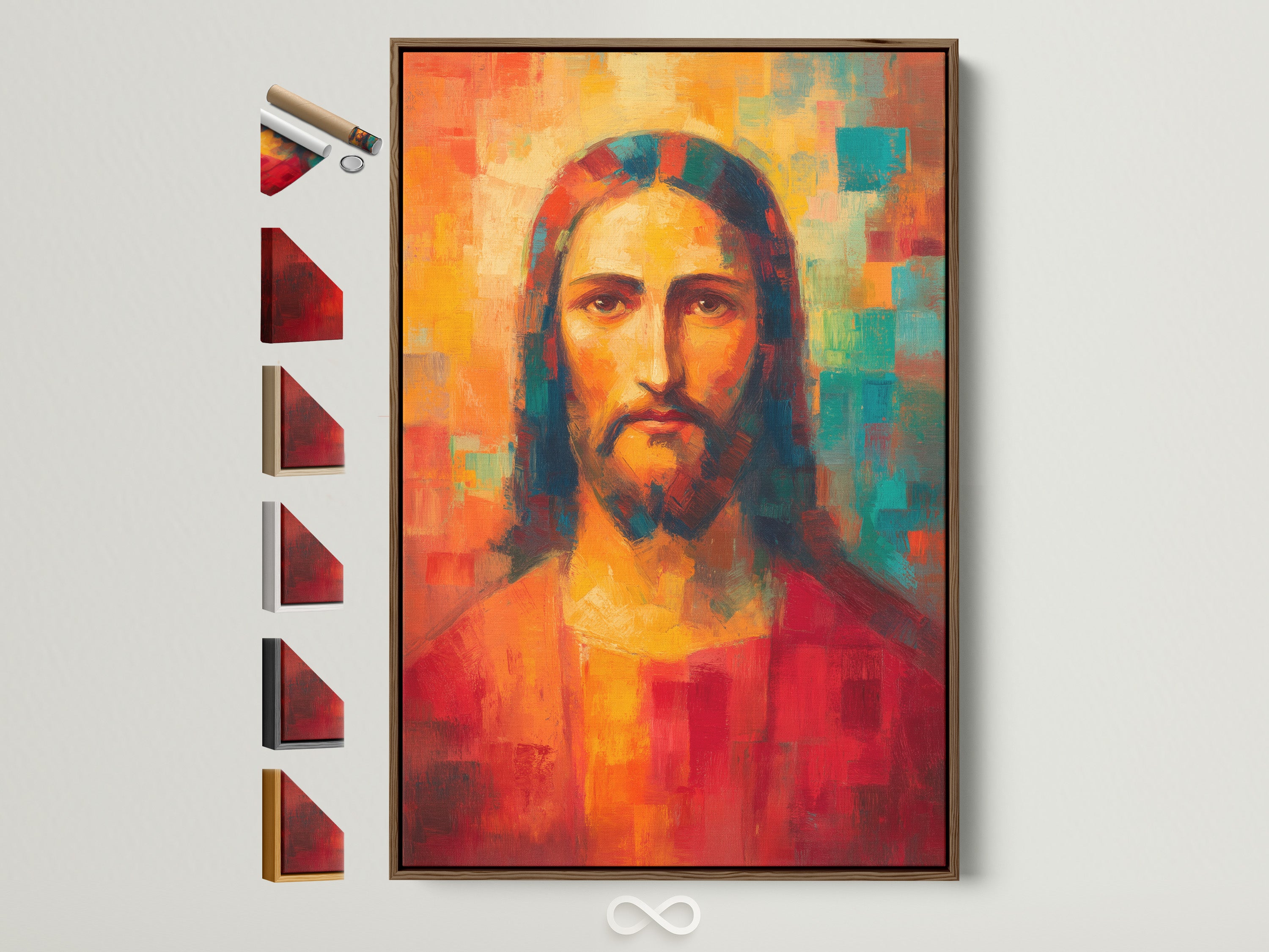 Brown frame art print. This art is a portrait. It features a colorful depiction of Jesus Christ. The frame is a light brown wood. All frame options are displayed on the side. Shop framed art prints today.