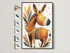 A charming donkey artwork is displayed in a brown frame. Several frame options are visible on the side. Consider framed art to enhance your home decor. This framed art adds character to any room.