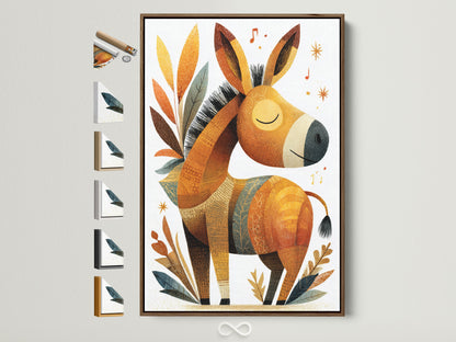 A charming donkey artwork is displayed in a brown frame. Several frame options are visible on the side. Consider framed art to enhance your home decor. This framed art adds character to any room.
