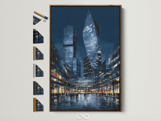 A framed city skyline art print is displayed with various frame options. The brown frame complements the blue and black cityscape. Explore frame choices to enhance your urban wall art. Find the perfect frame to match your modern art decor style.