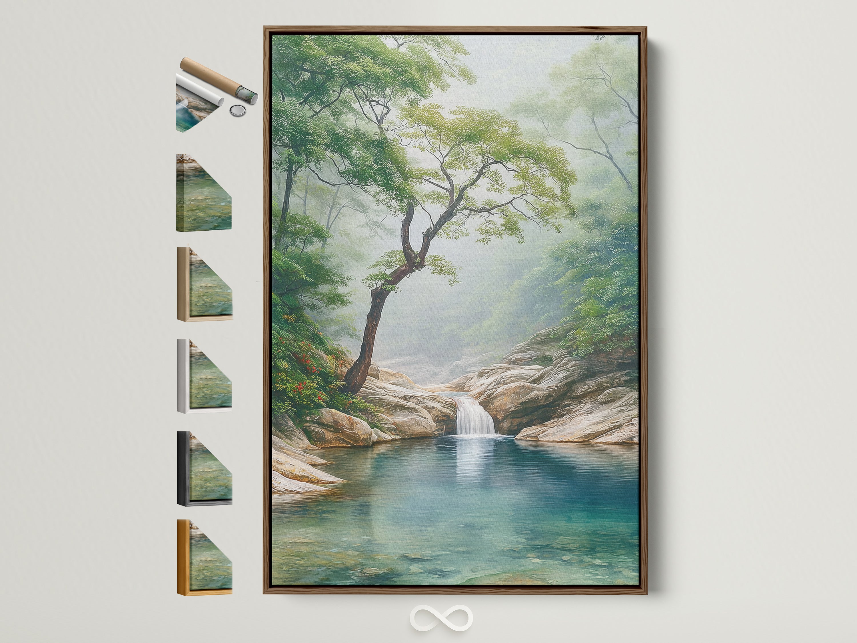 Misty Forest Wall Art with a waterfall. The art is displayed in a brown frame. This serene landscape photography is perfect for entryway decor. See all frame options for your nature print.