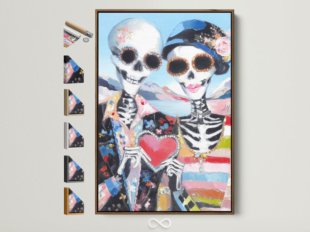 Dia de los Muertos couple art displayed in a brown floating frame. This folk art print features sugar skulls a heart and colorful details. See all frame options to find the perfect Day of the Dead wall art.