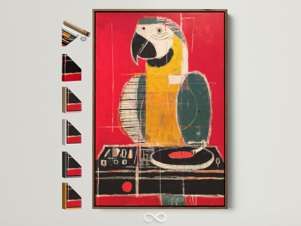 Explore framed Parrot art. This colorful bird artwork is displayed with various frame options. Find the perfect frame to complement your space. Discover art that elevates your style. See oak white black and gold frames on parrot artwork.