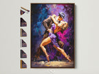Framed artwork featuring a tango dance is displayed. The brown frame is visible. All available frame options are presented on the side. Enhance your space with our framed artwork. Explore framing choices now.
