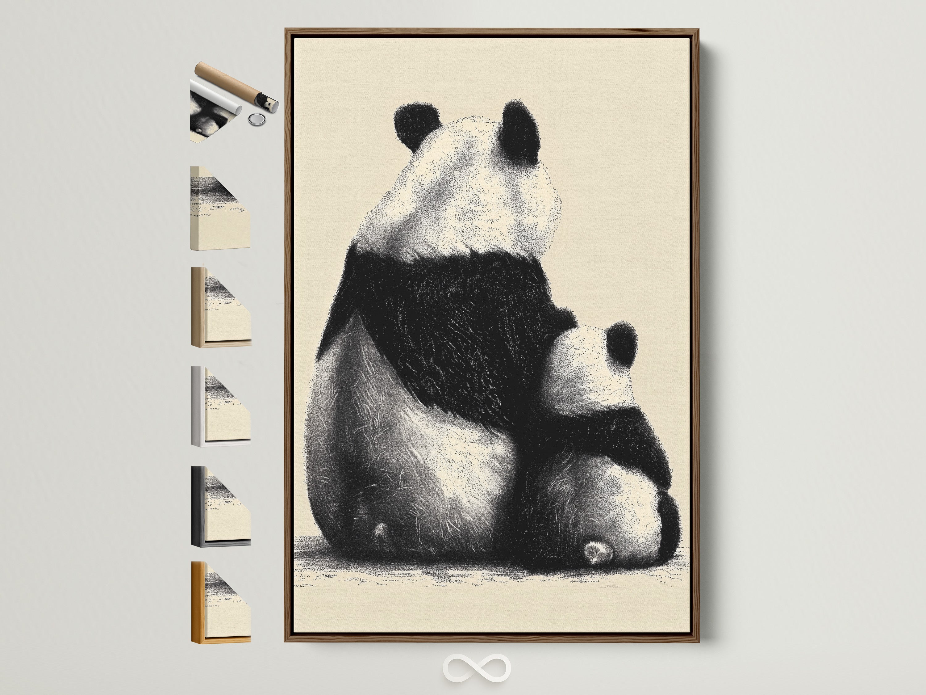 A charming art print featuring a panda and its cub adorns a wall. It is encased in a brown frame. Explore frame options to perfectly complement your artwork. Discover the ideal frame to showcase your unique style.