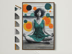 Boho Yoga Canvas Wall Art in Brown Frame. This meditation woman art print features teal and orange abstract female figure. Perfect for bedroom decor and yoga studio. Find more frame options here.