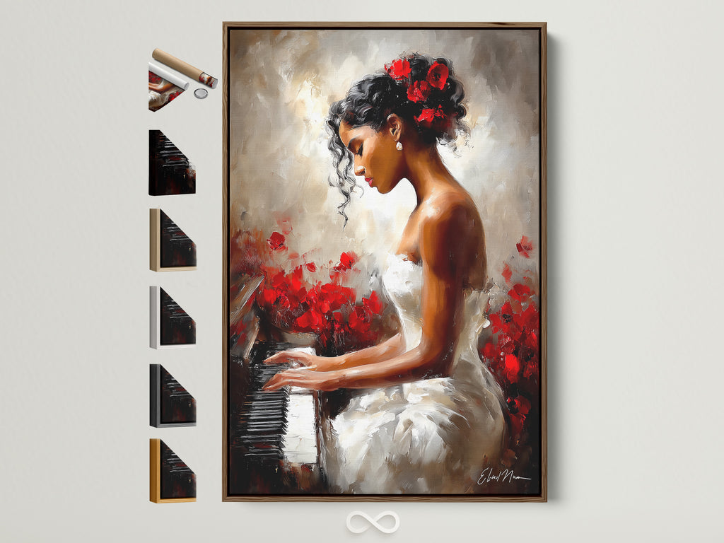 A framed artwork hangs on a white wall. The artwork depicts a woman in a white dress playing the piano. Red flowers adorn her hair and surround her. The frame is a light brown. It is displayed with other frame options.