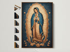 Our Lady of Guadalupe artwork with a brown frame is displayed alongside frame options. This Catholic religious decor features the Virgin Mary. It is perfect for prayer rooms and home altars. Explore frame choices for your sacred art print and Madonna wall art.