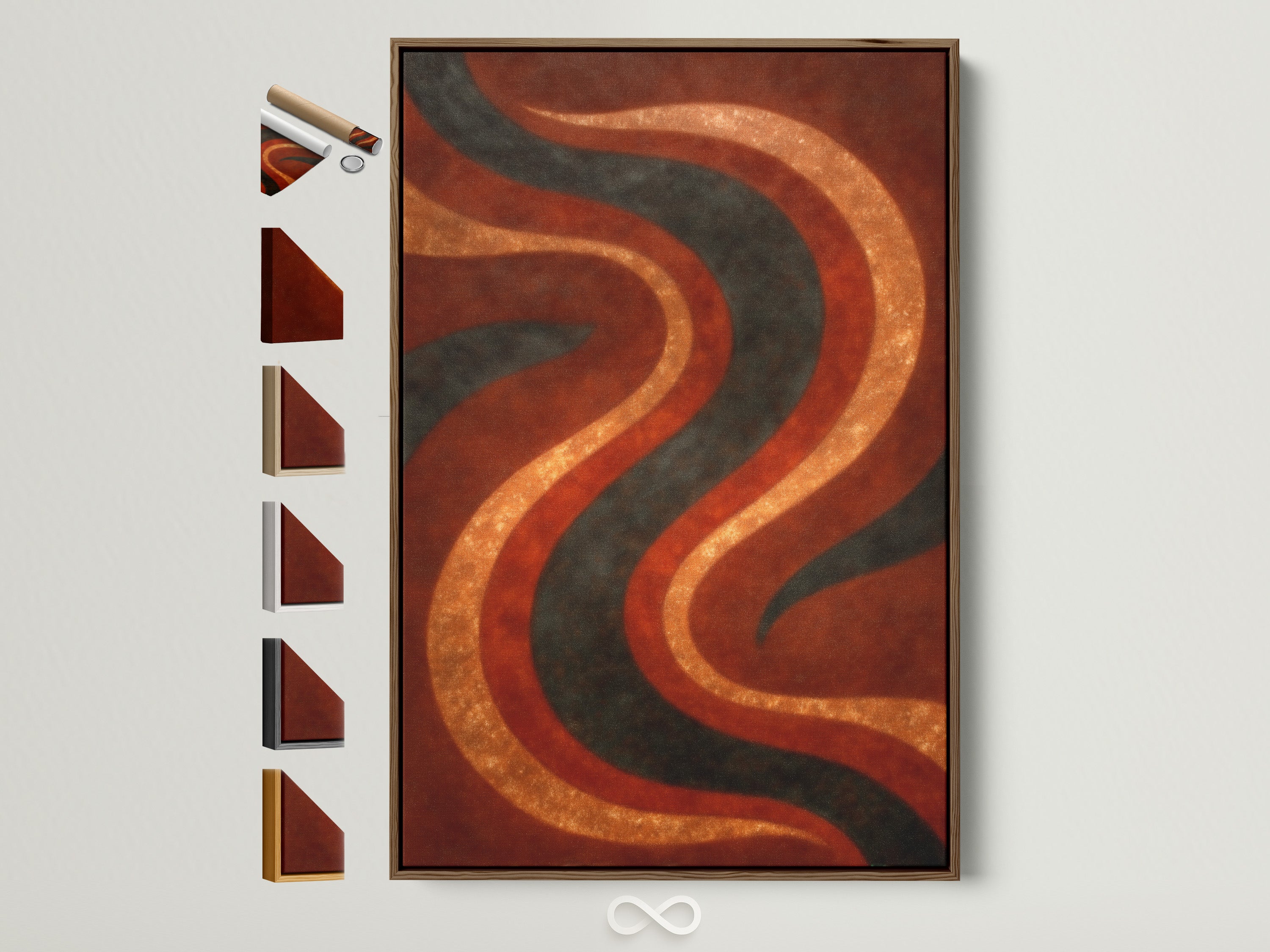 Abstract wave art in a brown frame. The artwork features earthy rust orange sage green and black tones. Frame options are displayed beside the framed retro 70s artwork. Perfect bohemian wall art for minimalist homes.