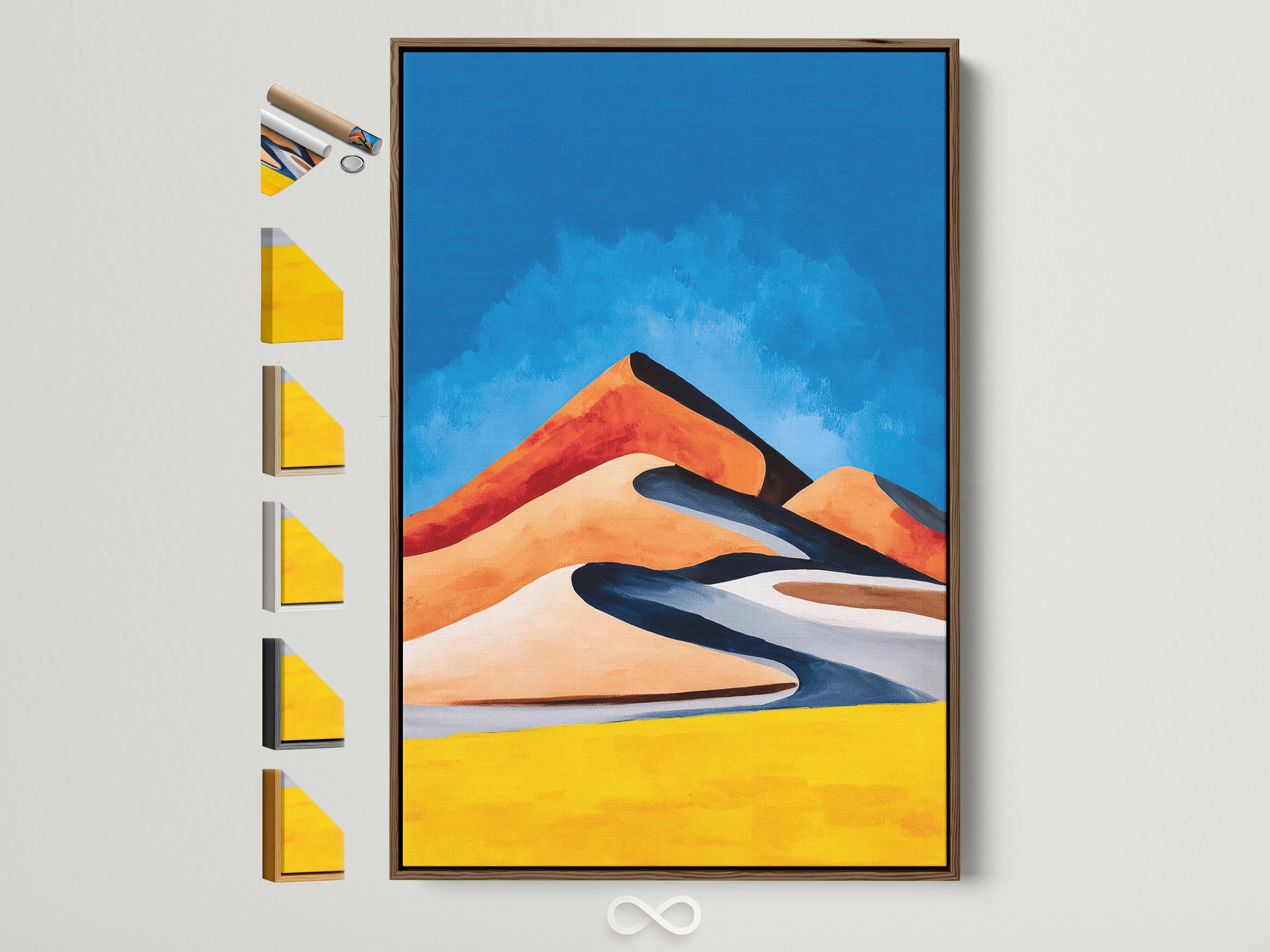 Elevate your space with our Abstract Desert Landscape artwork. The brown frame complements various styles. All frame options are showcased for your perfect match. This artwork brings Southwestern charm to any room. It enhances minimalist modern or eclectic themes effortlessly.