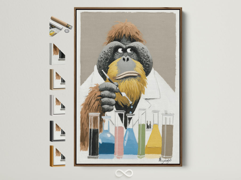 A captivating orangutan scientist artwork is displayed within a brown frame. The artwork features a thoughtful orangutan in a lab coat. Test tubes filled with colorful liquids sit before him. A selection of frame choices are visible to the side. This piece adds a touch of intellectual charm to any space.