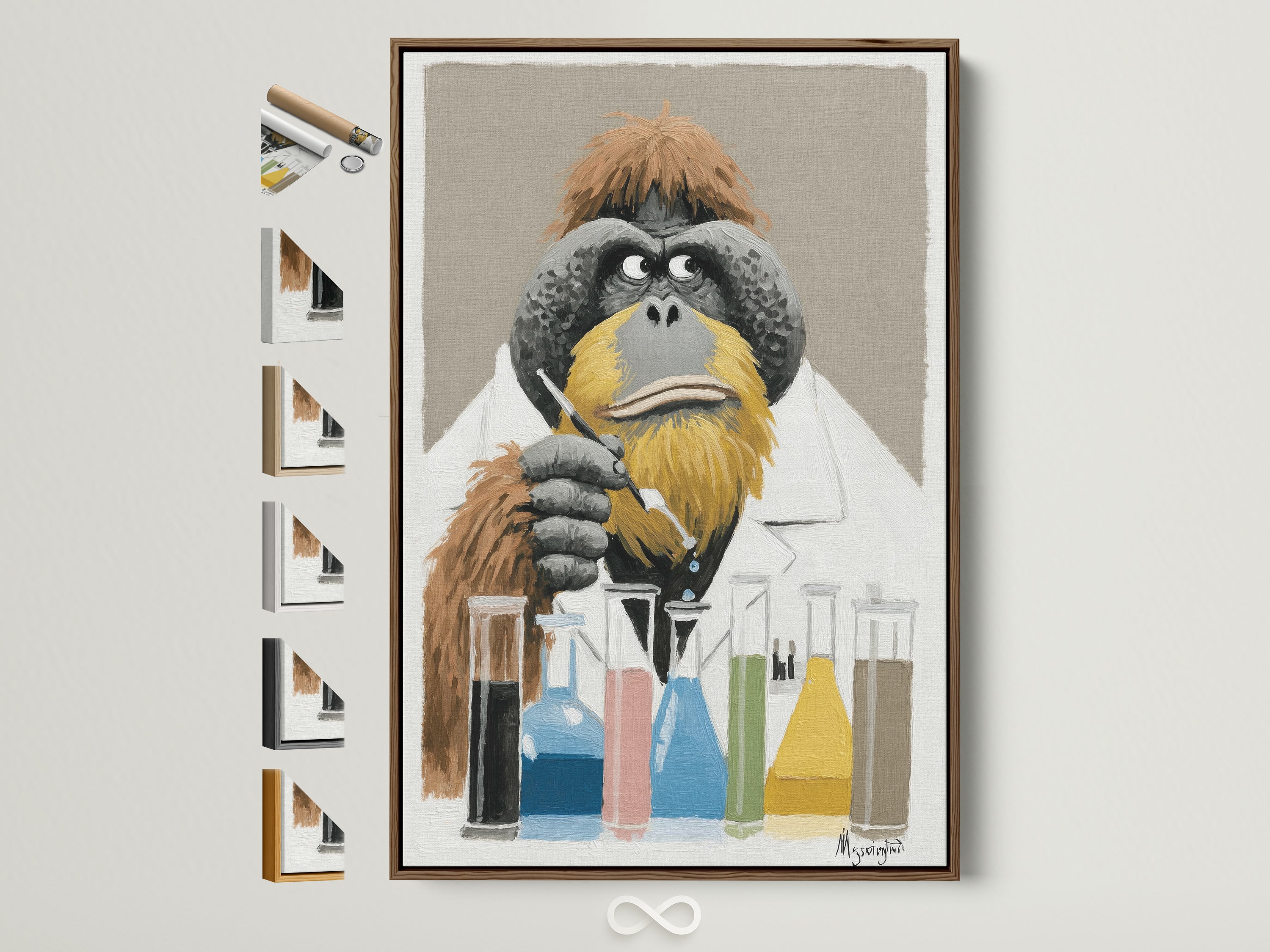 A captivating orangutan scientist artwork is displayed within a brown frame. The artwork features a thoughtful orangutan in a lab coat. Test tubes filled with colorful liquids sit before him. A selection of frame choices are visible to the side. This piece adds a touch of intellectual charm to any space.