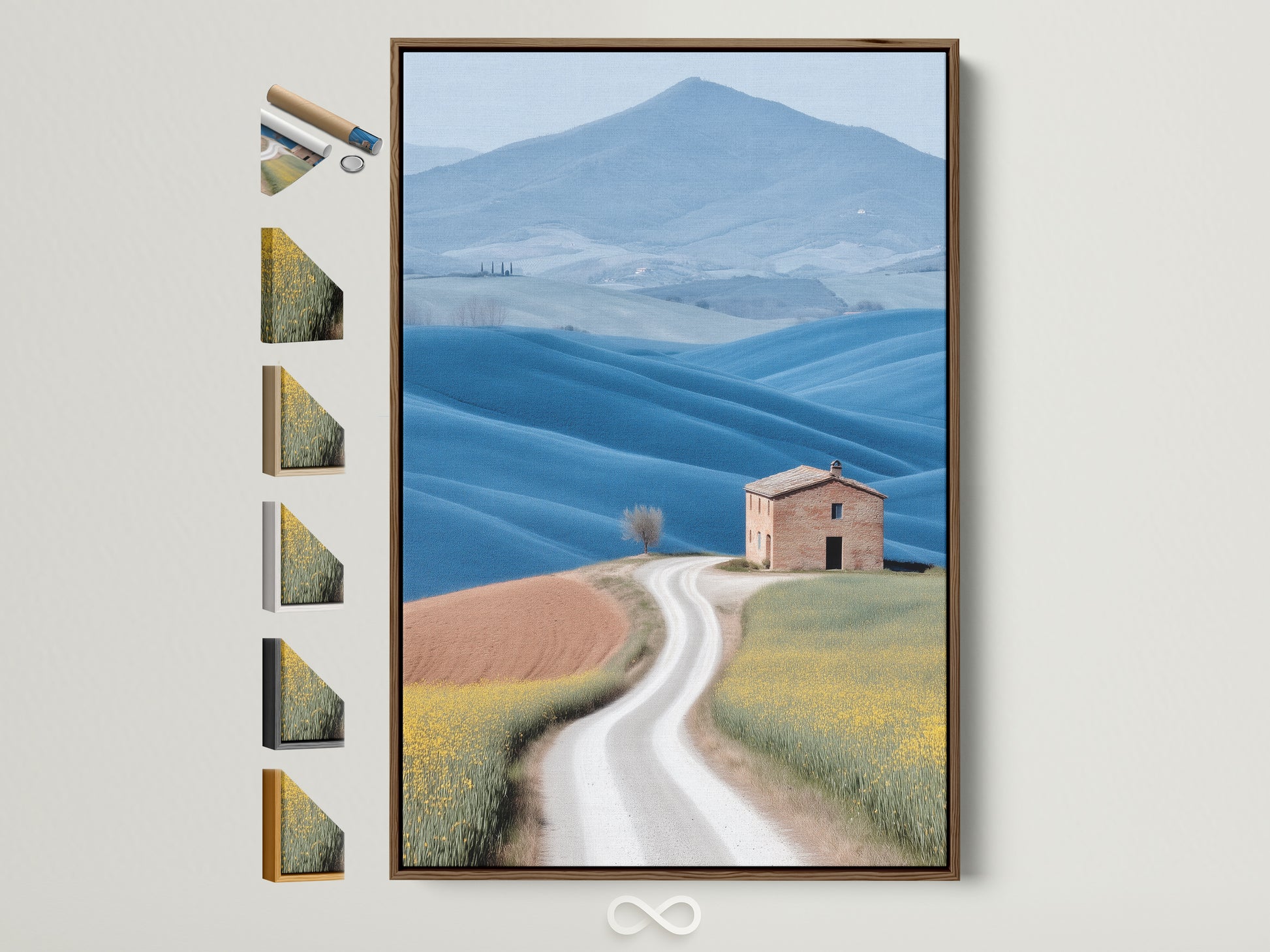 Tuscan Landscape artwork with a brown frame. Frame options displayed on the side. This rolling hills wall art is perfect for farmhouse decor. The artwork features yellow and blue tones adding a calming touch to any room. Consider this framed artwork for your home or office.