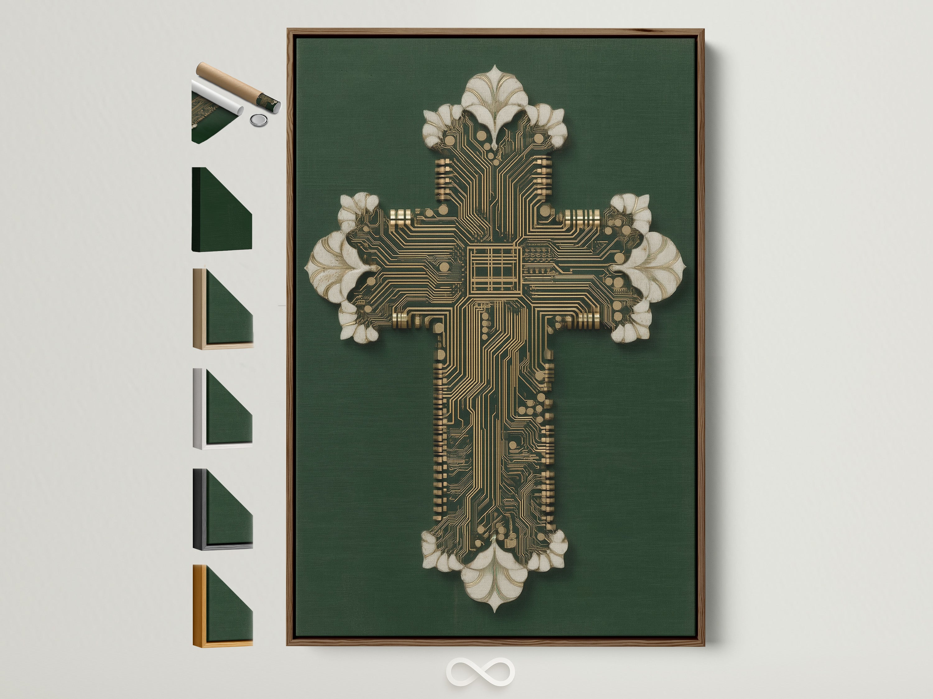 Explore frame options for the Circuit Board Cross Art. This modern religious artwork is framed in brown. See other frame styles available. Perfect tech Christian canvas print for an office or study room.