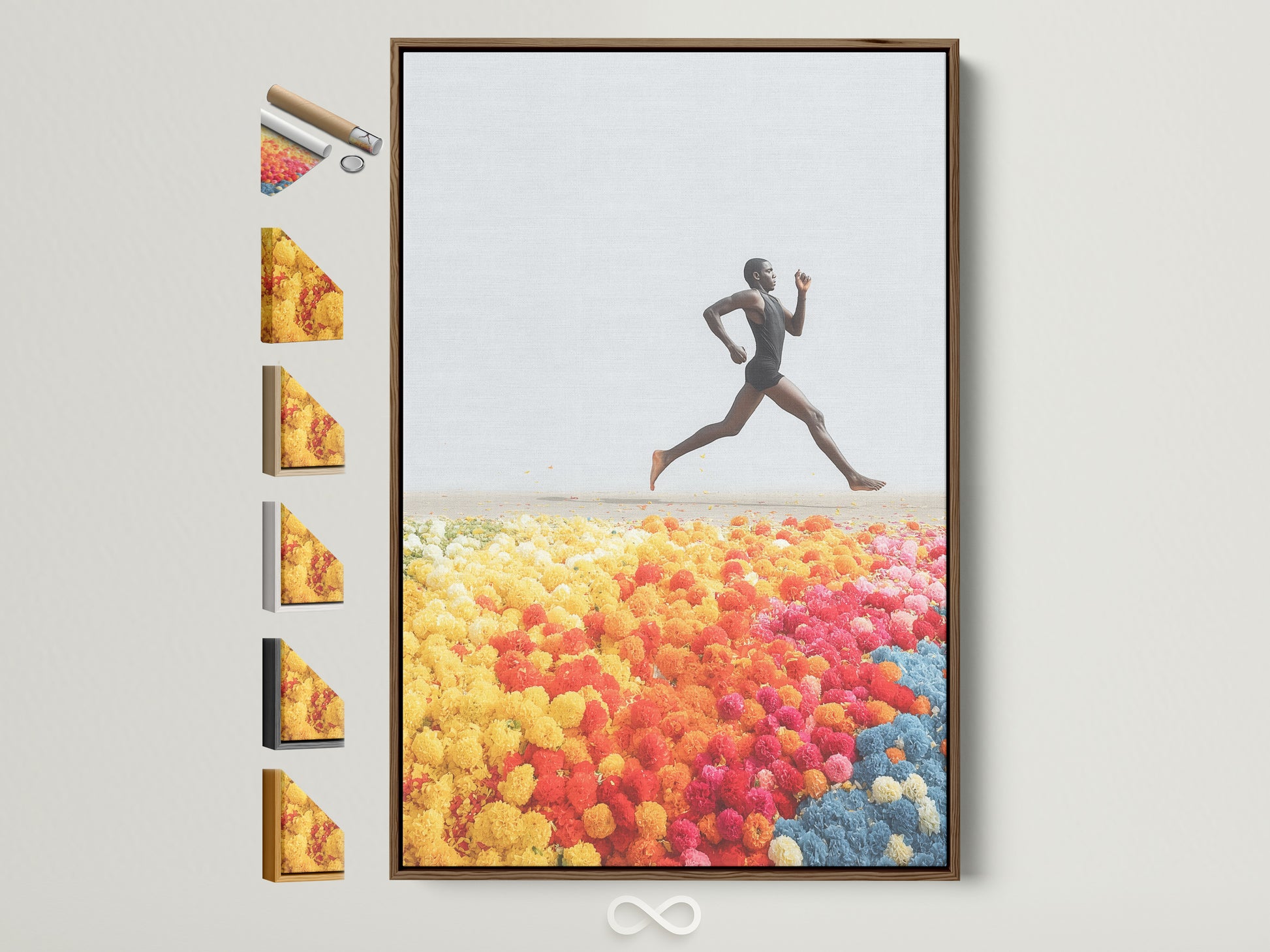 Runner Canvas Print with a Brown Frame displayed alongside other frame options. The artwork features an energetic pose. It's ideal for office decor or as a runner gift. See options for floral field art and athlete wall art.