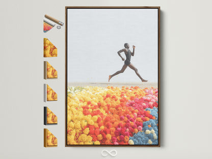 Runner Canvas Print with a Brown Frame displayed alongside other frame options. The artwork features an energetic pose. It's ideal for office decor or as a runner gift. See options for floral field art and athlete wall art.