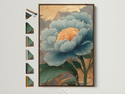 Brown frame displays an elegant flower artwork. This frame option is versatile. It complements various interior styles. Explore all available frame options. Find the perfect match for your art and space displayed on a white wall.